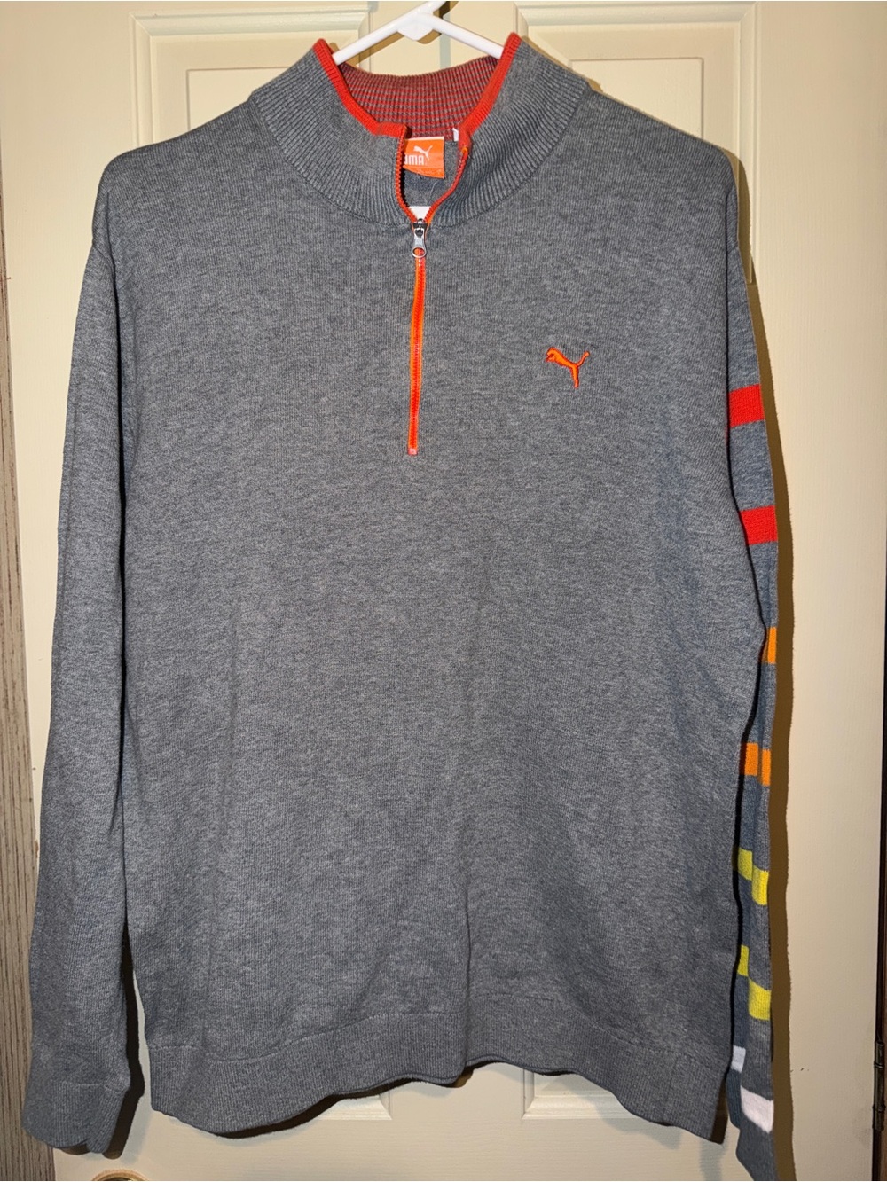 Puma Men's Gray Half-Zip Sweater with Orange Trim and Multi-Stripe Sleeve
